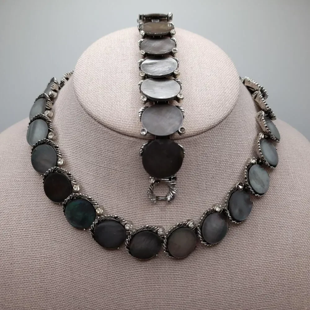 Vintage Lisner Mother of Pearl Necklace Bracelet Set, 1960s Rhinestone Jewelry